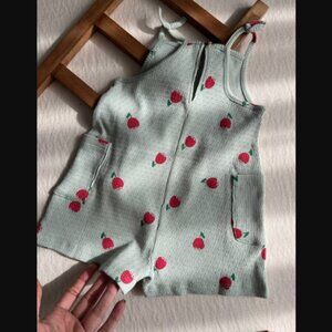 Zara Kids Knit Mint Green Romper Apple Print Side Pockets Keyhole Back 18-24 mos
